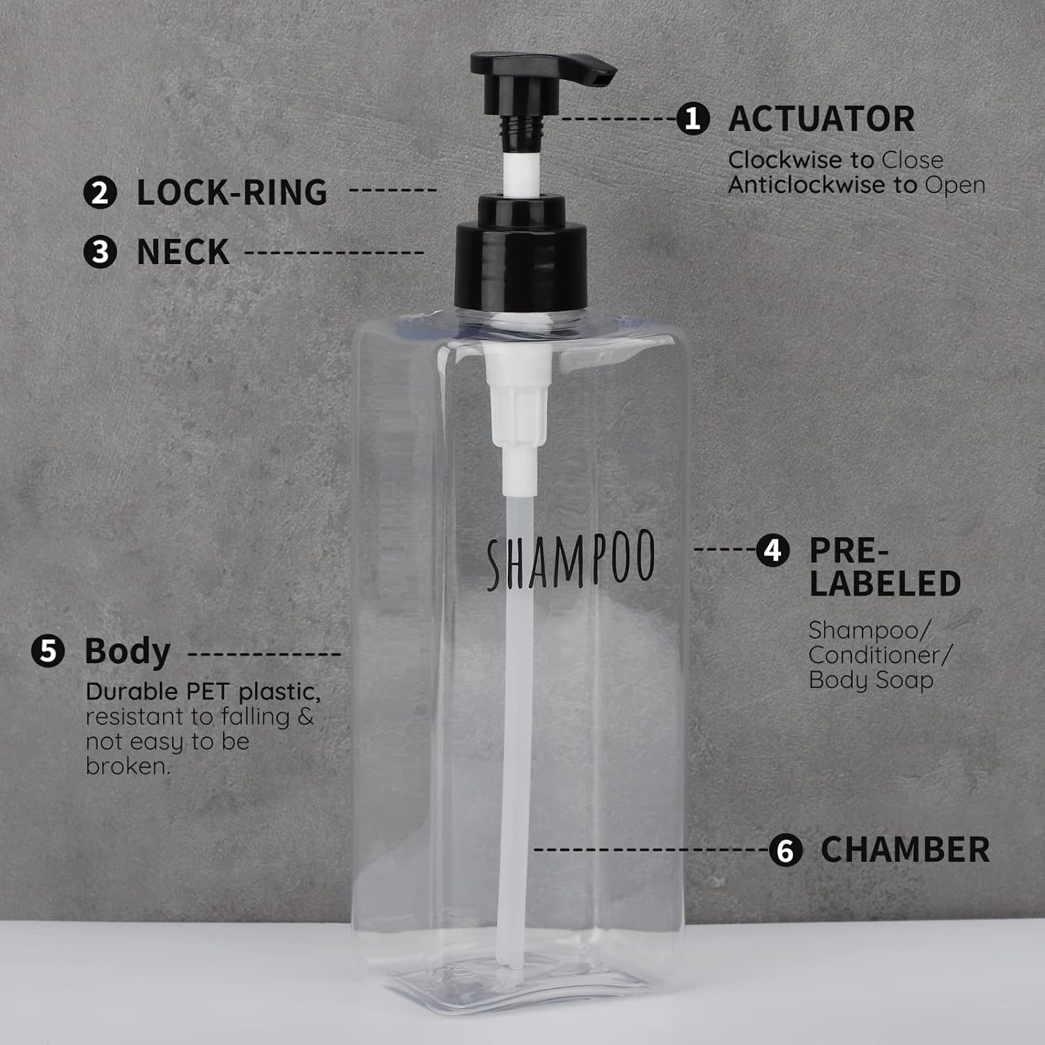 Segbeauty Clear Square Shampoo Bottles, 3pcs 16.9oz Refillable Plastic Lotion Dispenser with Pump, 500ml Empty Reusable Bathroom Shower Bottle Dispense Shampoo Conditioner Body Soap Liquid Gel