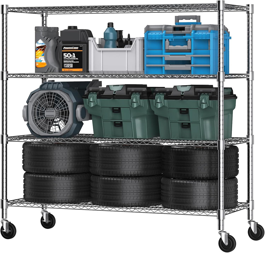 Himimi 72" H Storage Shelves 4 Tier Metal Shelving Adjustable Wire Shelf with Wheels, Heavy Duty Shelving for Garage Kitchen Pantry Bathroom Laundry,18" D*48" W*72" H, Silver