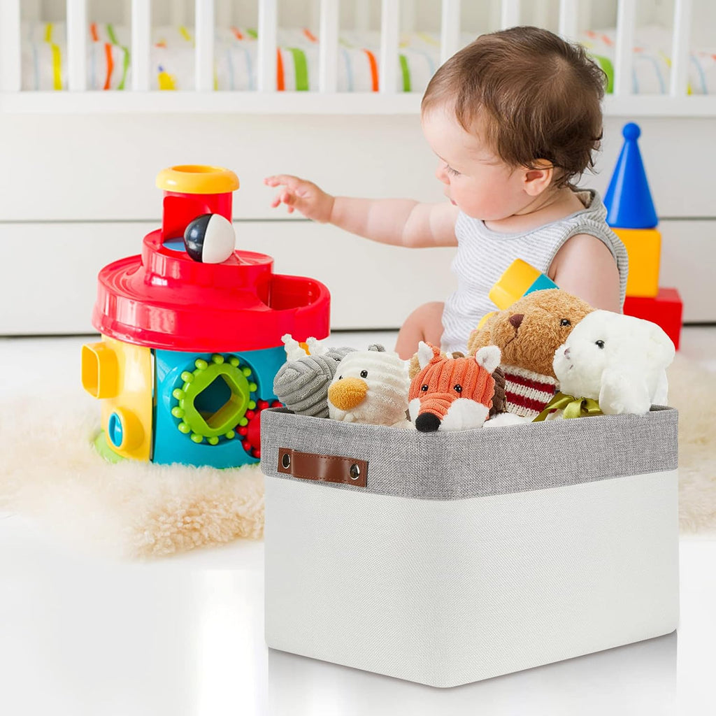 DULLEMELO Storage Baskets for Organizing, Shelves,Bedroom, Decorative Storage Bins with Leather Handles, Fabric Storage Basket for Office, Toys(3-Pack Medium-15 inch X 11 inch X 9.5 inch , Grey&White)