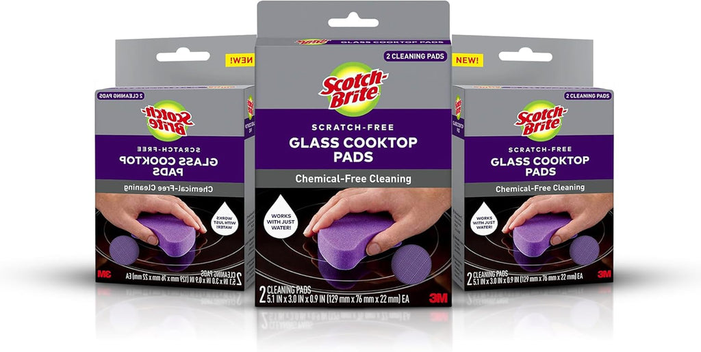Scotch-Brite Glass Cooktop Pads, Scratch-Free & Non-Abrasive Scrubbers for Glass or Ceramic Stovetops, Cleans Burnt-On Messes with Just Water, Reusable Dishwasher-Safe Design (6 Pads)