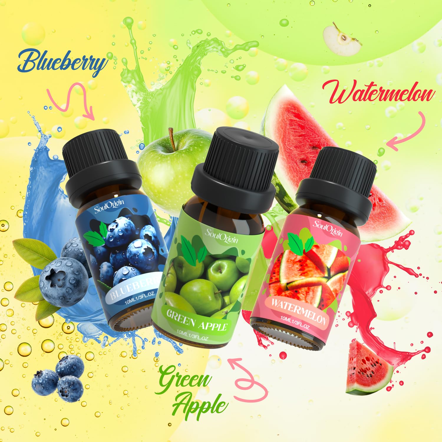 Fruit Essential Oils Set, Fragrance Oil Set for Diffuser, Scent Diffuser Oil for Candle Making- Pineapple, Sweet Orange, Grape, Green Apple, Blueberry, Watermelon