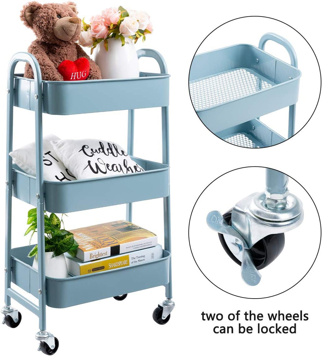 AGTEK Makeup Cart, Movable Rolling Organizer Cart, Grey-Blue 3 Tier Metal Utility Cart
