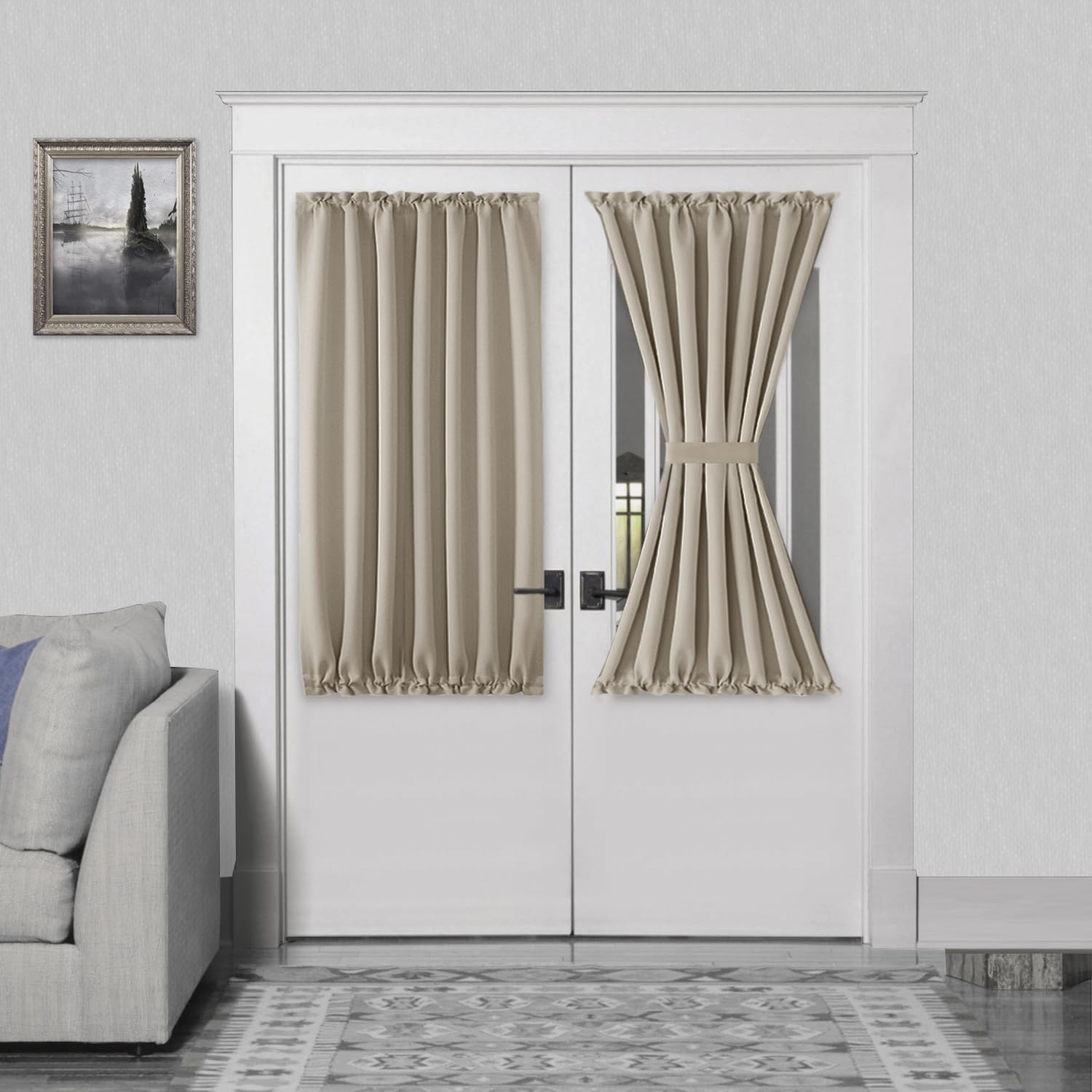 DWCN French Door Curtains – Rod Pocket Thermal Blackout Curtain for Doors with Glass Window, Kitchen and Patio Doors for Privacy, 54 X 40 Inches Long, 1 Curtain Panel with Tieback, Taupe