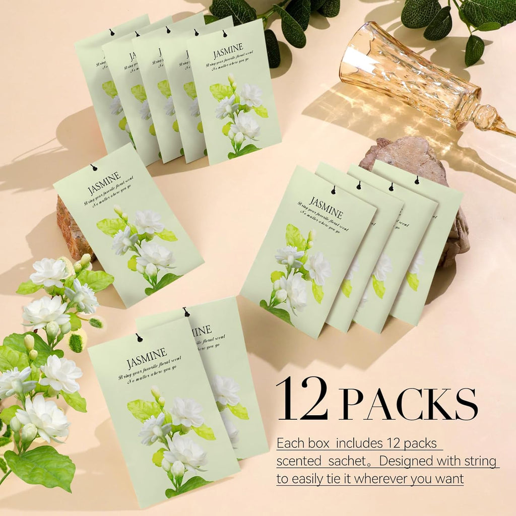 Jasmine Scented Sachet Bags - 12 Pack Closet Freshener Odor Eliminator, Long Lasting Home Fragrance for Drawers, Wardrobes & Cars, House Smell Good Products, Air Freshener for Closet