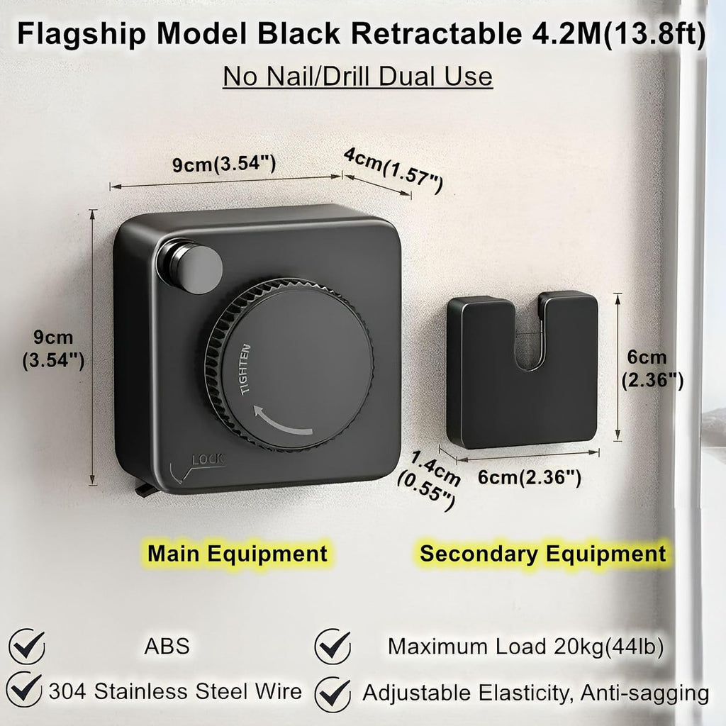 13.8ft(4.2M) Retractable Clothesline, Non-sag Clothesline, Indoor & Outdoor Heavy Duty Retractable Clothesline, Wall Mounted Stainless Steel Washing Line (Black)