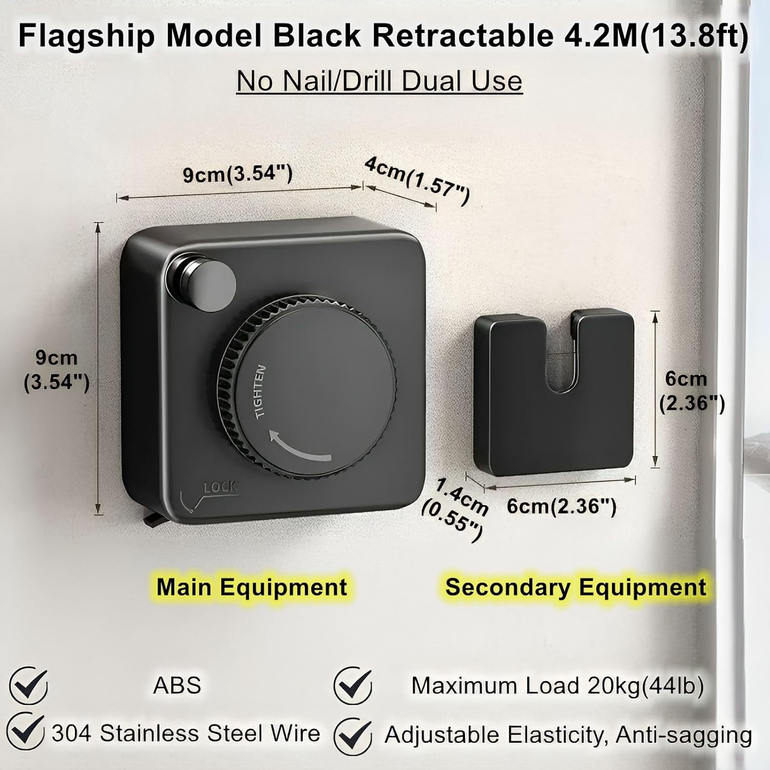 13.8ft(4.2M) Retractable Clothesline, Non-sag Clothesline, Indoor & Outdoor Heavy Duty Retractable Clothesline, Wall Mounted Stainless Steel Washing Line (Black)