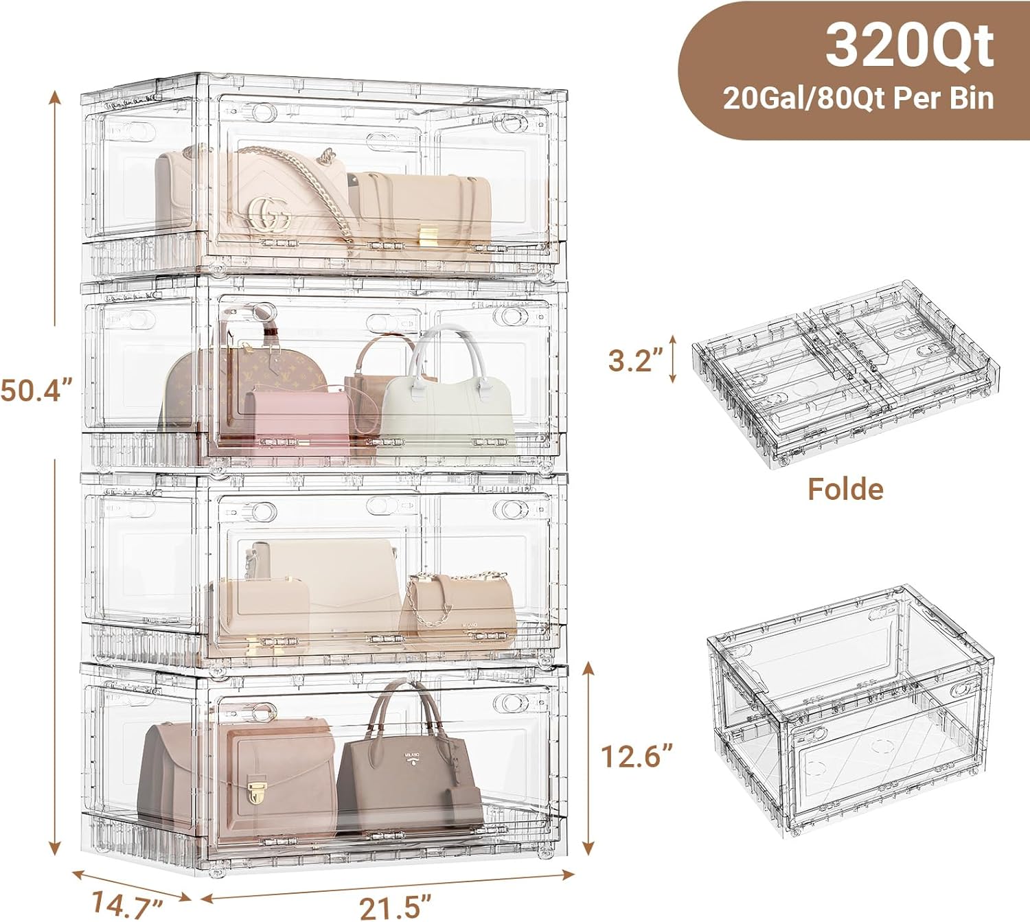 BROVIEW Clear Stackable Storage Bins Drawers, Open Front Large Plastic Storage Bins with Lids, Foldable Closet Organizers and Storage for Wardrobe Cabinets, Pantry, Makeup,4 Pack