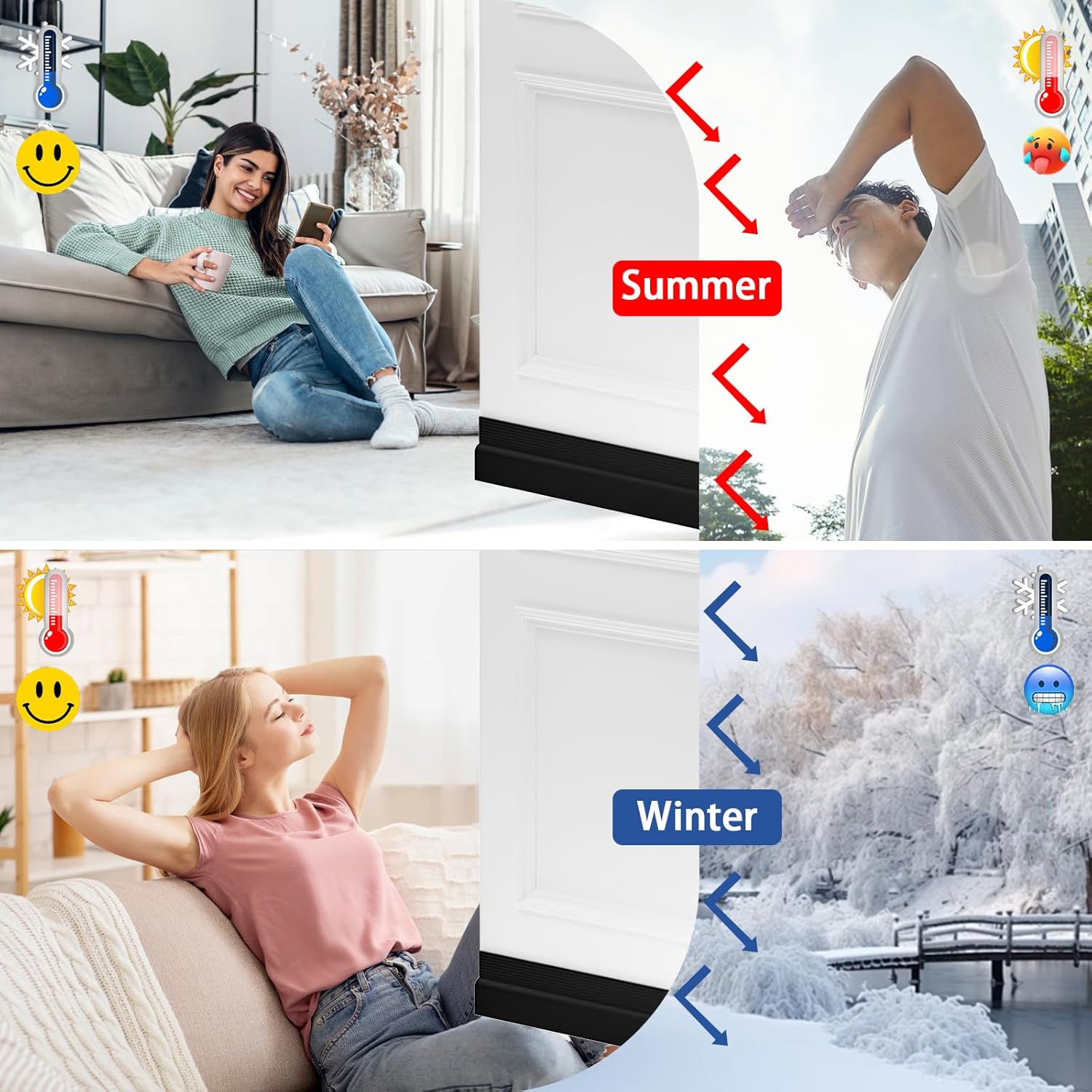 Under Door Draft Stopper, Self-Adhesive Door Sweep for Bottom of Door, Weather Stripping Doors Seal Soundproofing Insulation Strip, Doors Bottom Gap Blocker for Exterior/Interior (2M, Black)