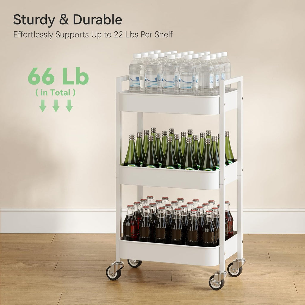 3 Tier Rolling Cart,Utility Cart with Locking Wheels, Hanging Cups,&Hooks, Heavy Duty Metal Storage Organizer Cart for Kitchen,Office, Bathroom,Craft Room,White