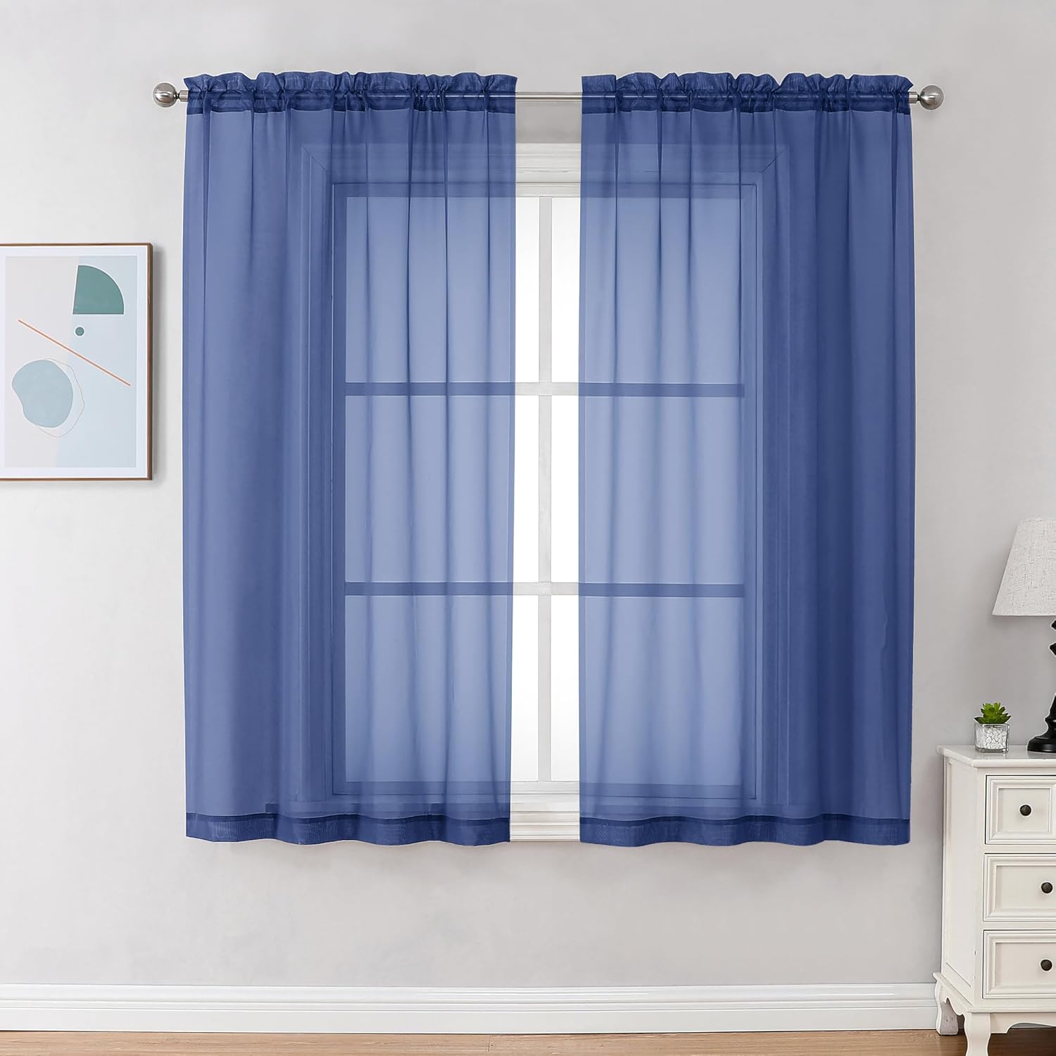 Chyhomenyc Royal Blue Sheer Curtains 63 Inch Length 2 Panels, Rod Pocket Solid Window Sheer Curtain Panels, Elegant Curtains & Drapes for Living Room Bedroom 2 Panels (Royal Blue, 42 W x 63 L)