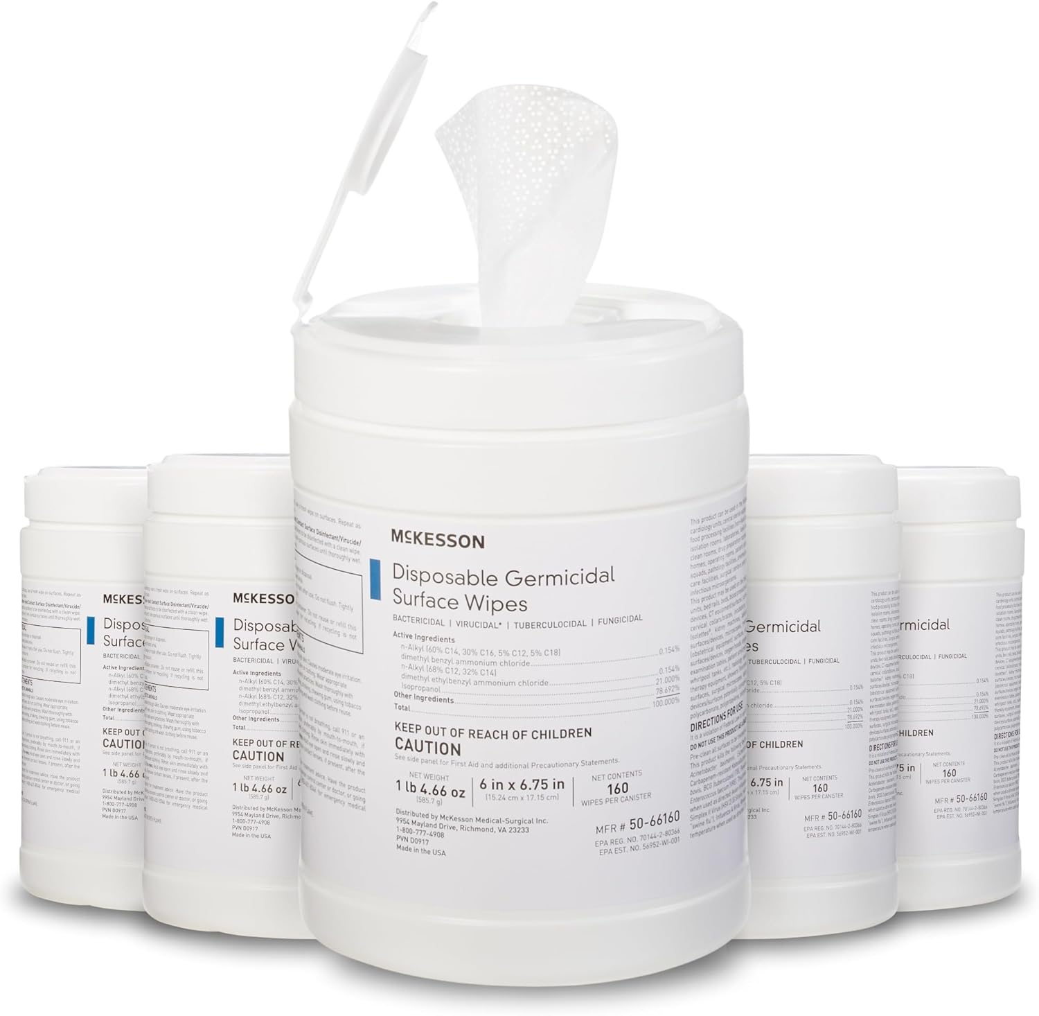 McKesson Germicidal Wipes [800 Count] Disinfecting Wipes, Alcohol Cleaning Disinfectant Wipes, Hospital Grade Multi-Surface Wipes, 160 Wipes, 5 Pack