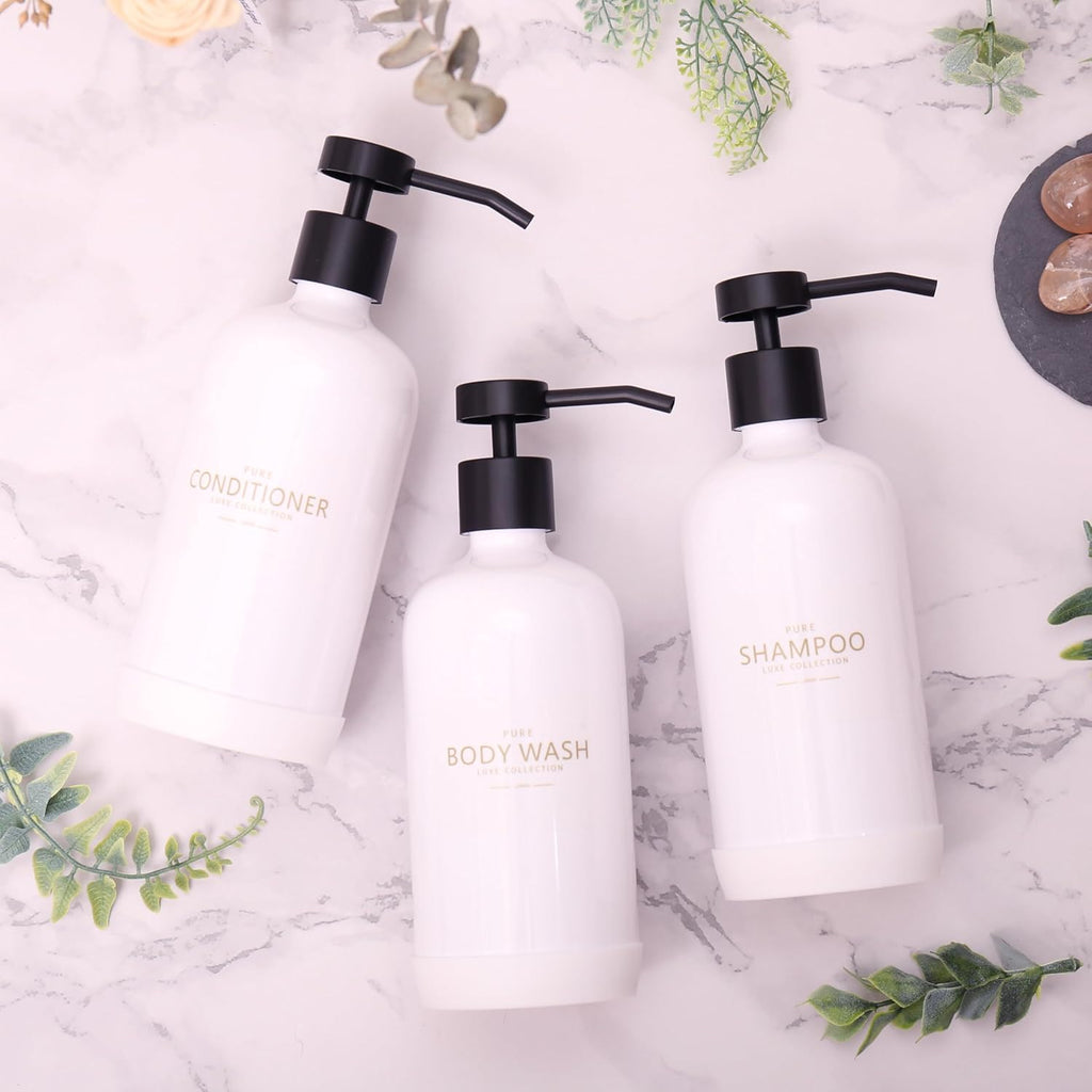 Shampoo and Conditioner Dispenser Set of 3,Refillable 21oz Shampoo Bottles with Non-Slip Protective Silicone Pad,Shower Soap Dispenser with Waterproof Labels for Bathroom (White)