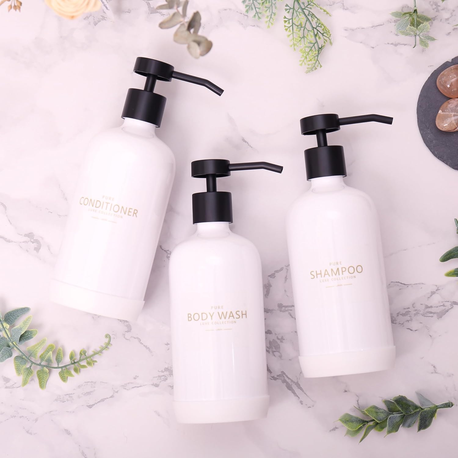 Shampoo and Conditioner Dispenser Set of 3,Refillable 21oz Shampoo Bottles with Non-Slip Protective Silicone Pad,Shower Soap Dispenser with Waterproof Labels for Bathroom (White)