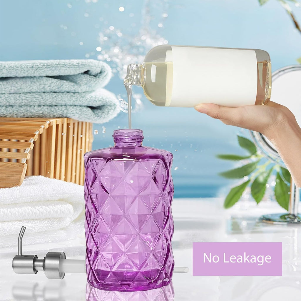 12Oz Purple Glass Soap Dispenser with Stainless Steel Pump, Refillable Kitchen Liquid Hand Soap Dispenser with Diamond Design, for Dispense Hand soap, Dish Soap, Lotion, Bathroom, Countertop, Hotel