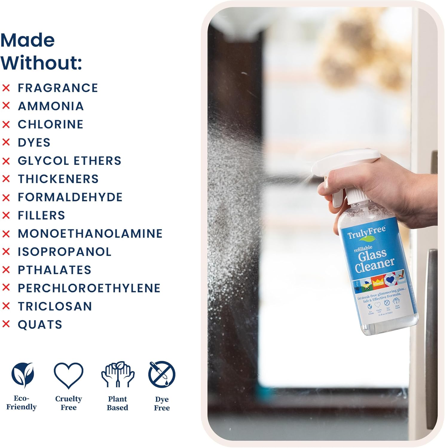 Truly Free Natural Glass Cleaner - Removes Dirt & Debris for Sparkling Clean Windows & Glass Surfaces at Home, Office & Garage, Includes: 1 Refillable Empty Bottle (16oz) & 2 Refills (3oz ea)