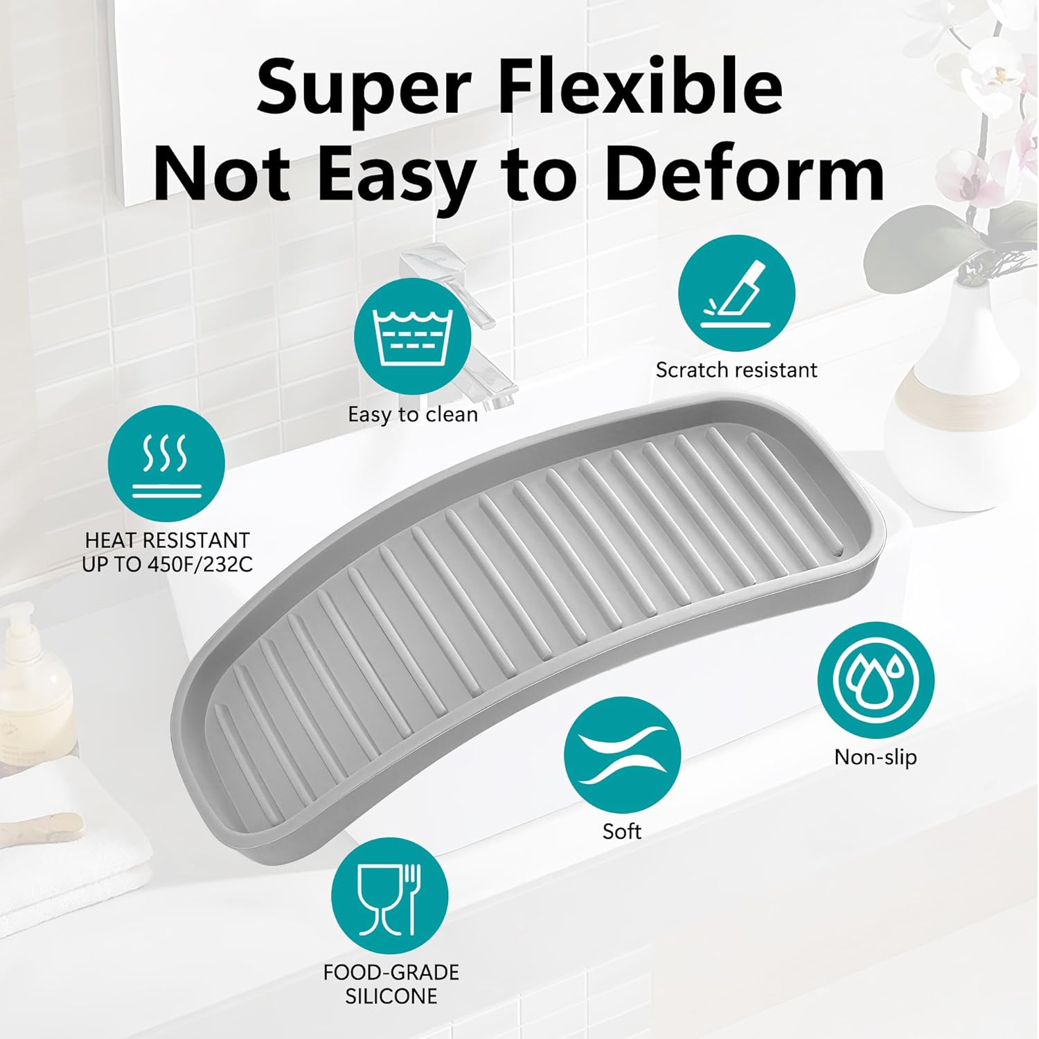 Silicone Sponge Holder 2 Pack, Dish Soap Holder for Kitchen Counter, Waterproof Sponge Soap Tray for Kitchen Sink Bathroom, Multipurpose Sink Caddy Organizer for Soap Dispenser Light Grey