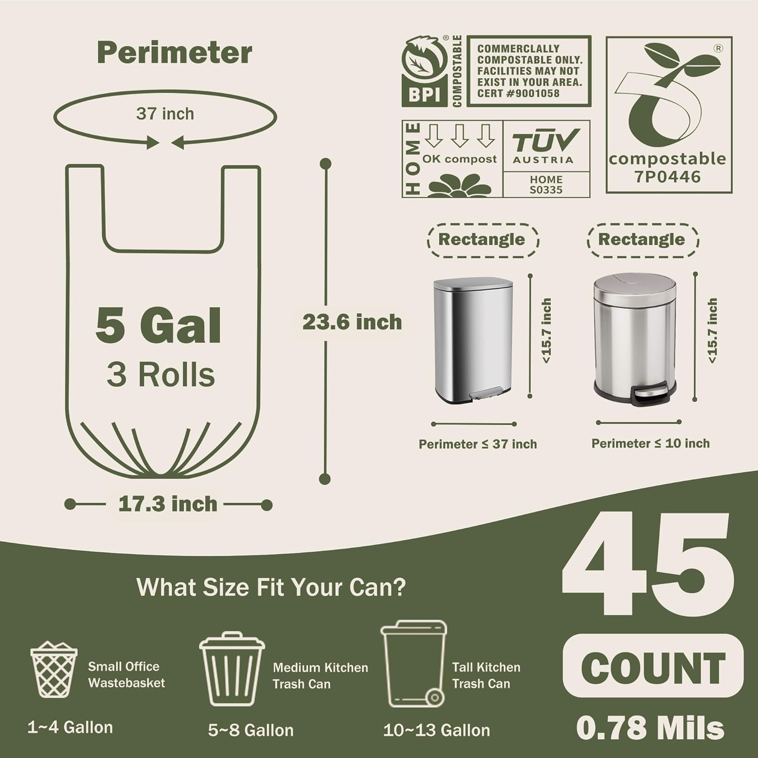 Compost Bags 4-5 Gallon with Handles Tie Extra Thick 0.78 Mils Wastebasket Liners Bags for Kitchen Bathroom Office US BPI ASTM D6400 and Europe OK Compost Home Certified