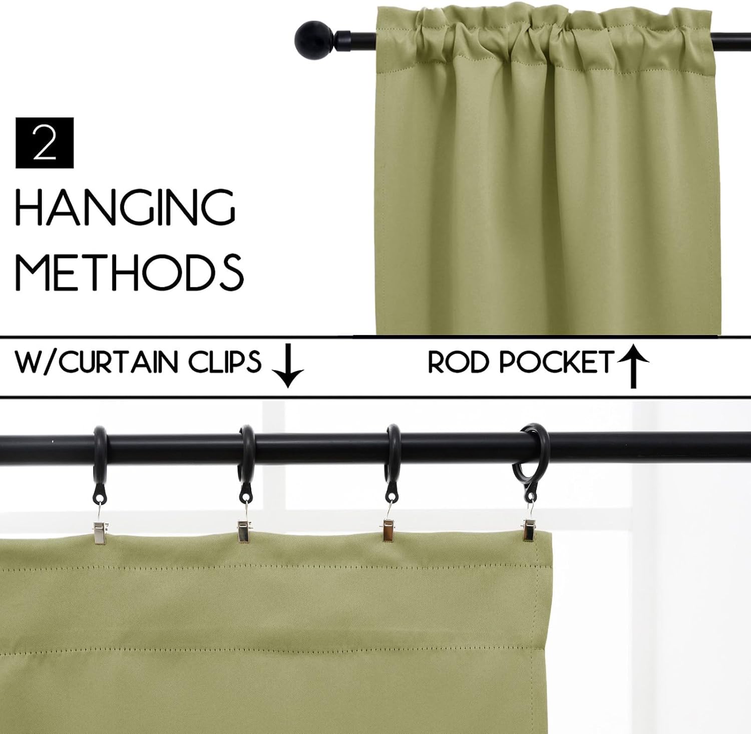 Pickluc Rod Pocket Tier Curtain - Half Blackout Curtain for Kitchen, Bathroom, Cabinet, Basement, 42 Inches Wide and 24 Inches Long, Sage Green, 2 Panels