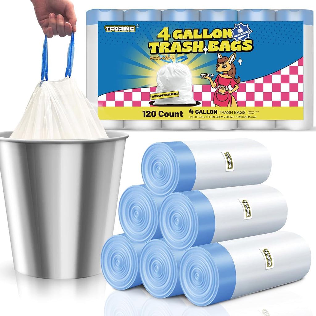 Small Trash Bags 4 Gallon with Drawstring, 1.1 Mil 15 Liter White Thick Unscented Small Plastic Garbage Bags for Bathroom, Wastebasket Liners for Toilet Home Office and Bedroom (4 Gal-120)