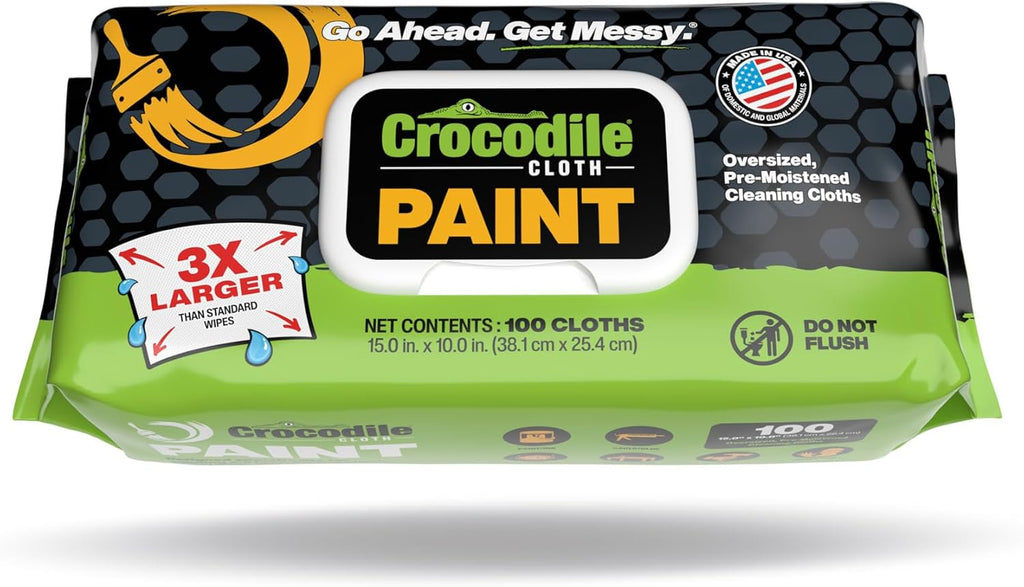 Crocodile Cloth Paint Cleaning Wipes – 100 Count (15" x 10") Heavy-Duty Cleaning Cloths for Paint Prep & Cleanup, Removes Paint, Adhesive, Caulk – Ideal for Painters, Contractors, Artists & DIY Work