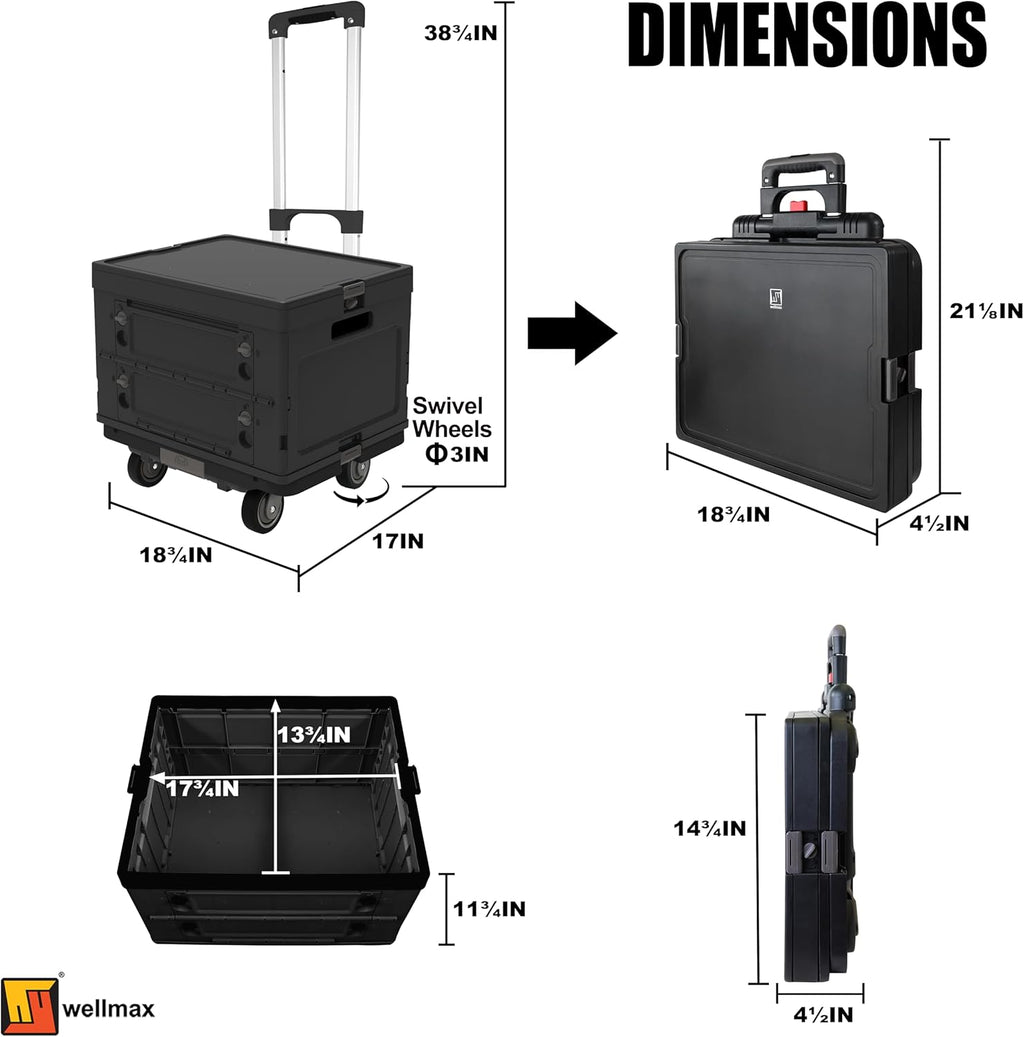 Wellmax WM99800BK Rolling Crate Cart with Wheels, Foldable Utility Cart for Teachers, Shopping, Office | Silent Wheels, Aluminum Handle, 132 lbs Capacity – Black