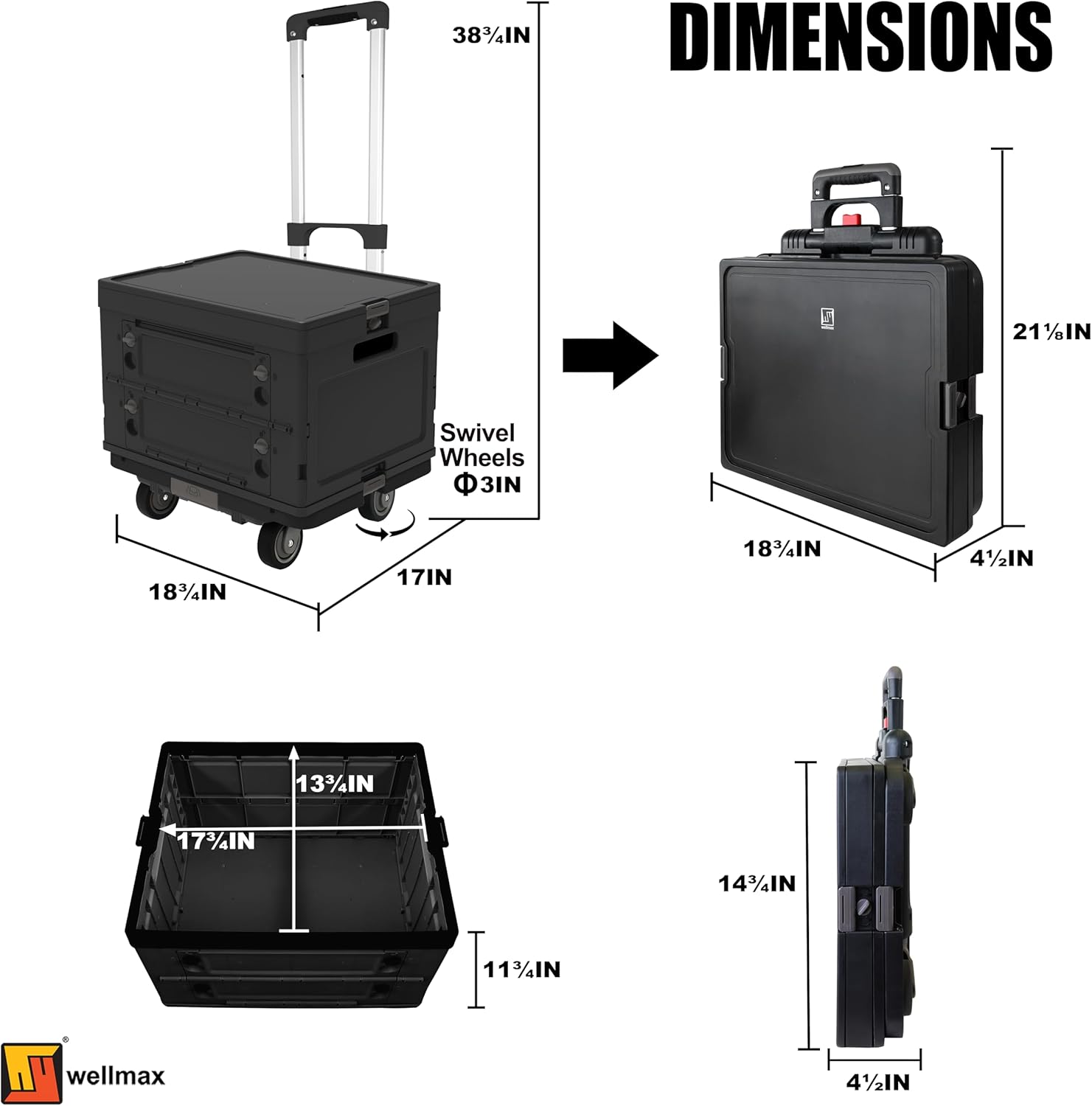 Wellmax WM99800BK Rolling Crate Cart with Wheels, Foldable Utility Cart for Teachers, Shopping, Office | Silent Wheels, Aluminum Handle, 132 lbs Capacity – Black