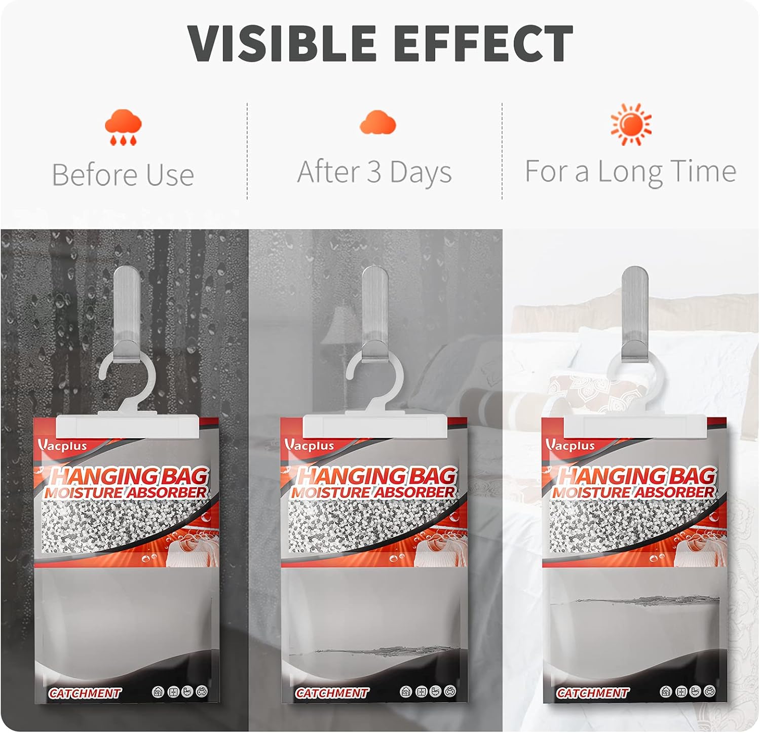 Vacplus Moisture Absorbers, Hanging Closet Dehumidifier Bags, Humidity Packs, Desiccant, Closet Dehumidifiers with Activated Charcoal, 10 Pack, 9.8 OZ