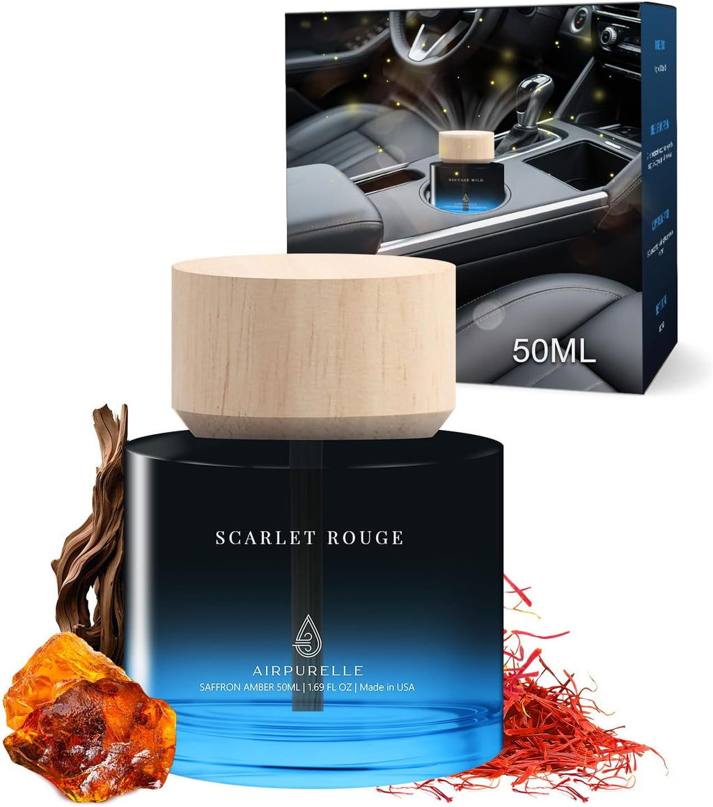Car Air Freshener for Men & Women – Long-Lasting Saffron Amber Essential Oil Diffuser for Car Cup Holder – 50ML (1.7 FL OZ) Car Scent Diffuser, Inspired by Perfume – Made in USA