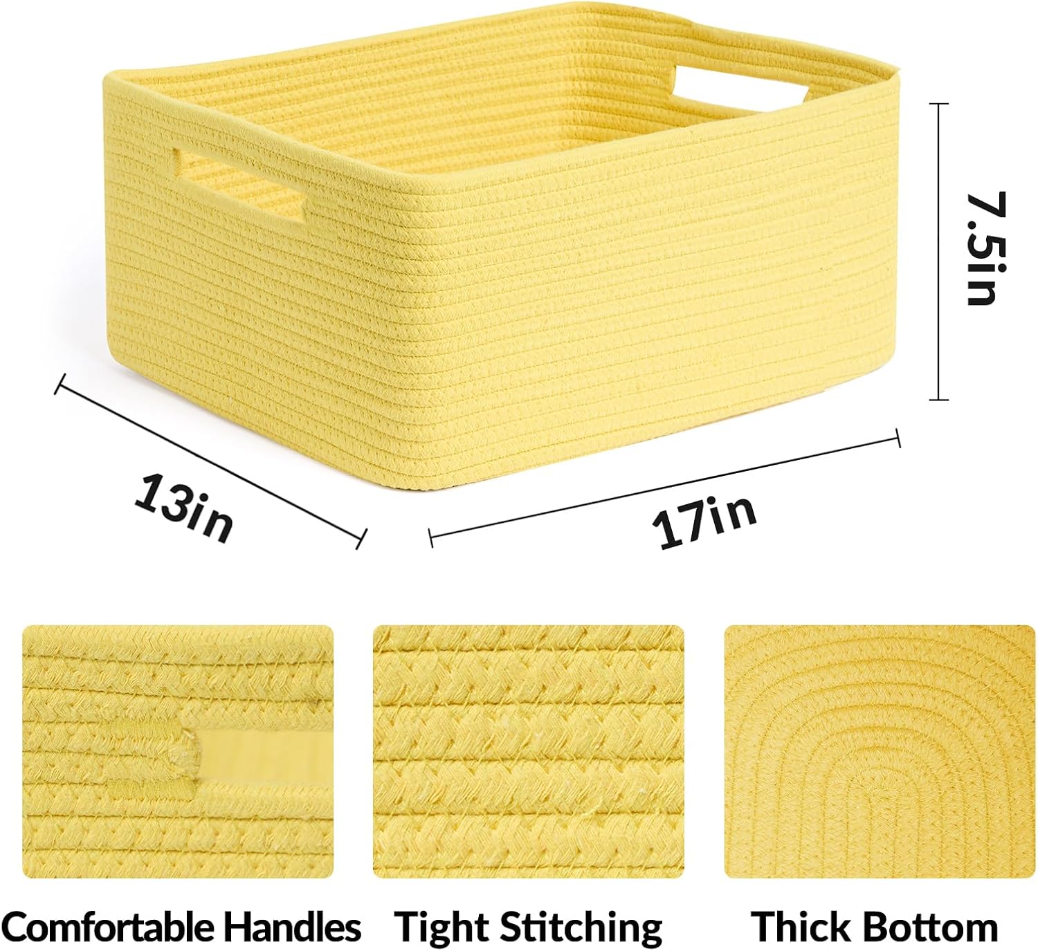 Large Storage Baskets for Shelves, Closet Organizers Bins for Clothes Blanket Towels, Baby Nursery, Toy Baskets Box, Woven Rope Baskets, 17 x 13 x 7.5”, 3 Packs Yellow