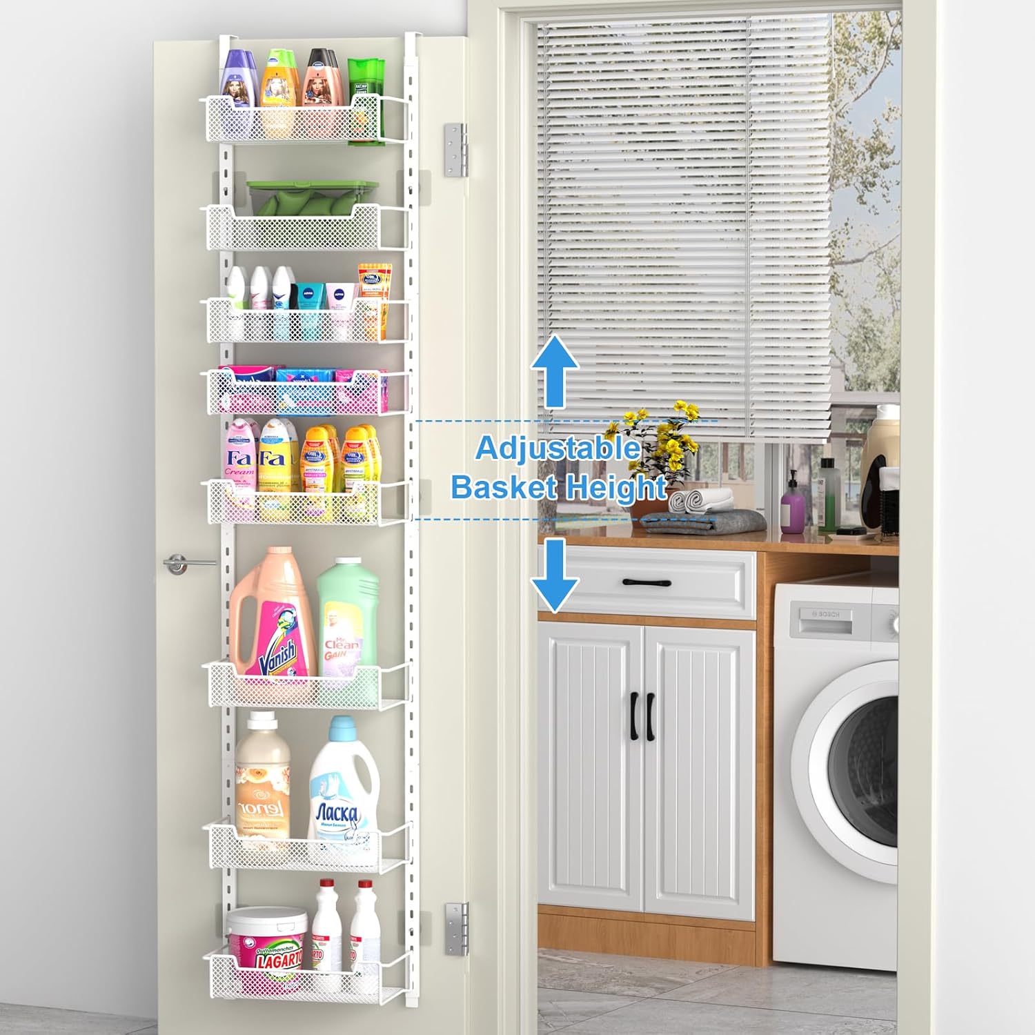12.3" W Narrow Over the Door Pantry Organizer, 8-Tier Over the Door Organizer with Adjustable Basket, Pantry Door Organization for Pantry Kitchen Storage Room Spice Rack, White
