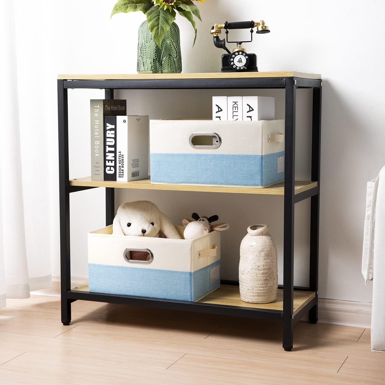 PRANDOM Large Fodable Storage Baskets for Closet [3-pack] Decorative Fabric Storage Bins Cubes with Leather/Metal Handles for Shelves Bedroom Living Room Blue&Cream (14.9x9.8x8.3 Inch)