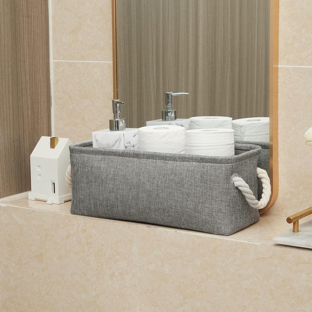 Temary Small Storage Baskets for Organizing, Narrow Baskets for Storage Toilet Paper Rolls, Fabric Baskets with Handles for Closets, Cabinets, Shelves (Grey, 15Lx6Wx5.5H Inches)