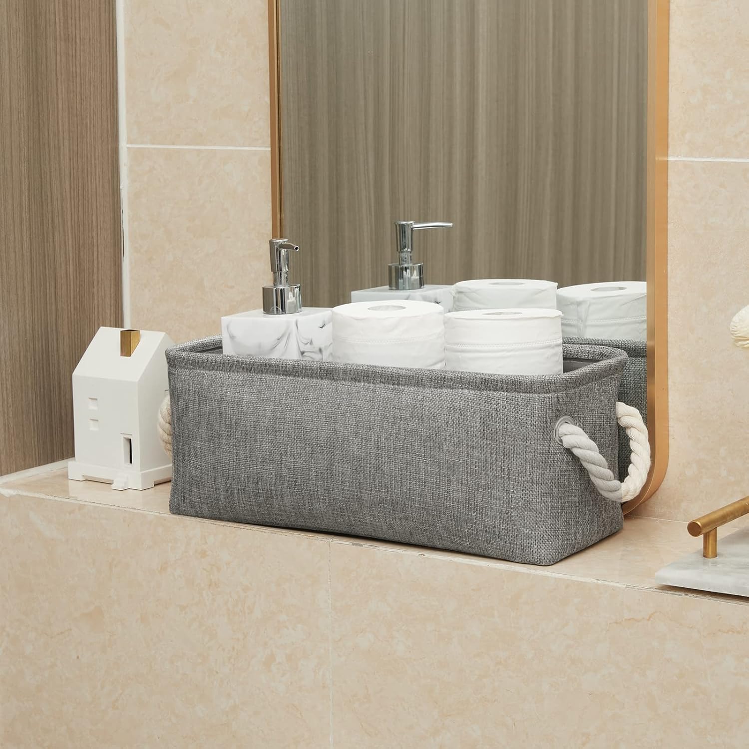 Temary Small Storage Baskets for Organizing, Narrow Baskets for Storage Toilet Paper Rolls, Fabric Baskets with Handles for Closets, Cabinets, Shelves (Grey, 15Lx6Wx5.5H Inches)