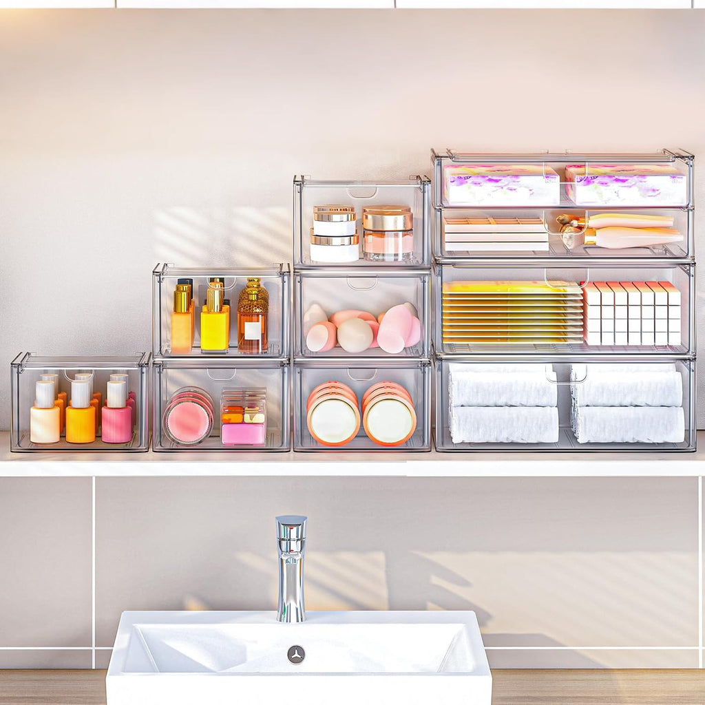 Acrylic Storage Drawers Set of 6, Clear Makeup Organizer, Plastic Organizer Bins for Beauty Supplies,Ideal for Vanity, Bathroom,Cabinet,Pantry Organization