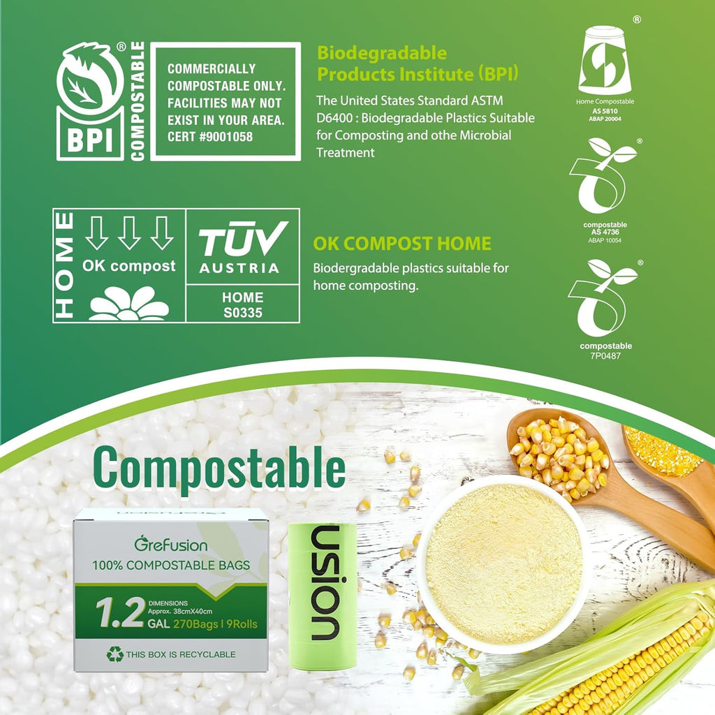 GreFusion Compostable Trash Bags, Small 2.6 Gallon, 270 Count, 0.72 Mils Thick, Eco Friendly, ASTM D6400 & BPI Certified, Composts Food Scraps, No Leaks