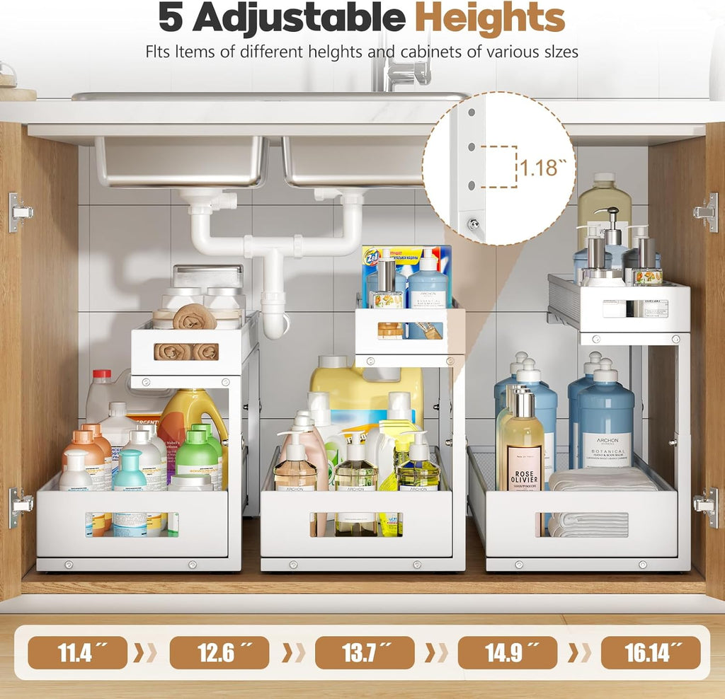 1 Pack 20.47IN Depth Under Sink Storage Organizer, Large 2-Tier Elegant Mesh Pull Out Shelf for Kitchen and Bathroom Cabinet Organization, L-Shaped and Adjustable Height Design-White