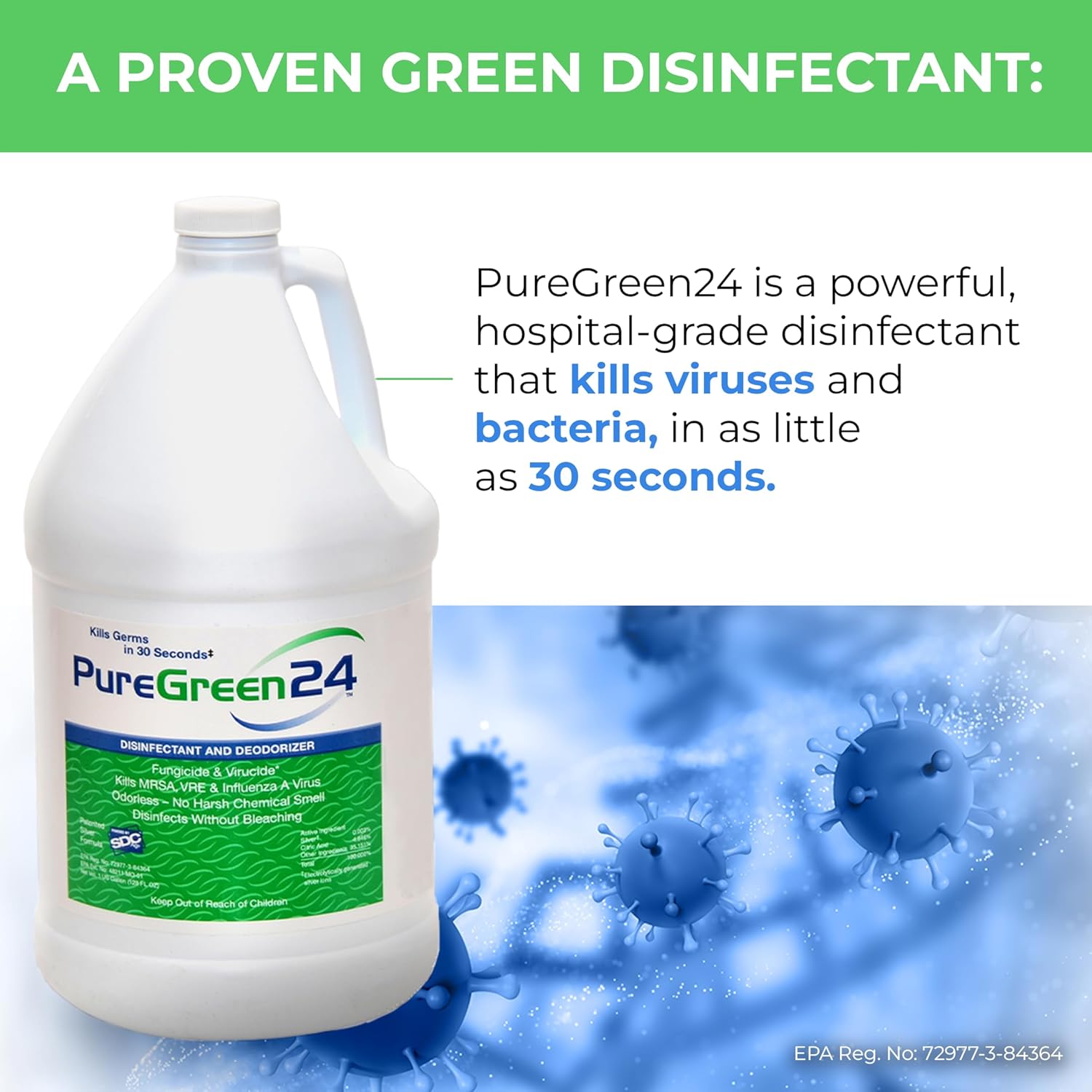 PureGreen24 Safe & Effective Disinfectant. Kills Deadly Germs including RSV COVID-19 Norovirus MRSA Staph 2025 flu Bird flu Contains no toxic chemicals odorless child & pet safe 2 32oz spray bottles