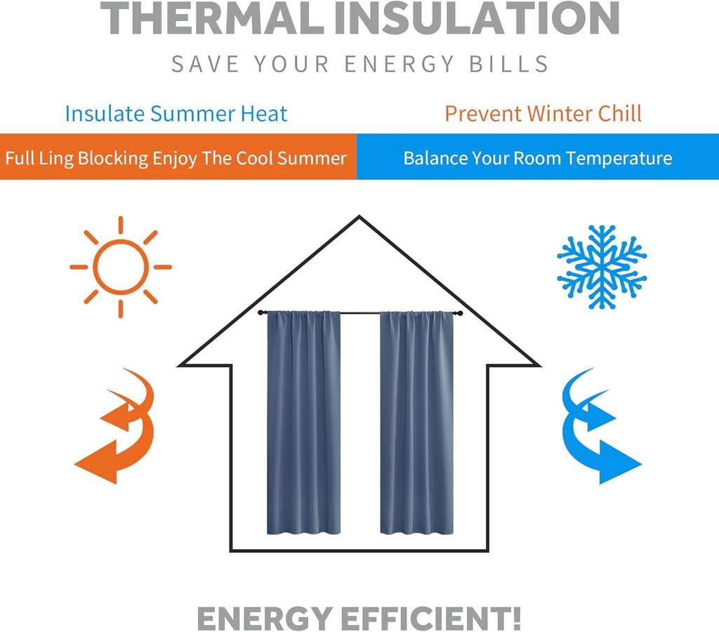 RYB HOME Room Darkening Curtains for Bedroom, Thermal Insulated Back Tab Window Treatment Blackout Privacy Shades for Stuido Living Room Kitchen, Stone Blue, W42 x L72 inch, 2 Panels