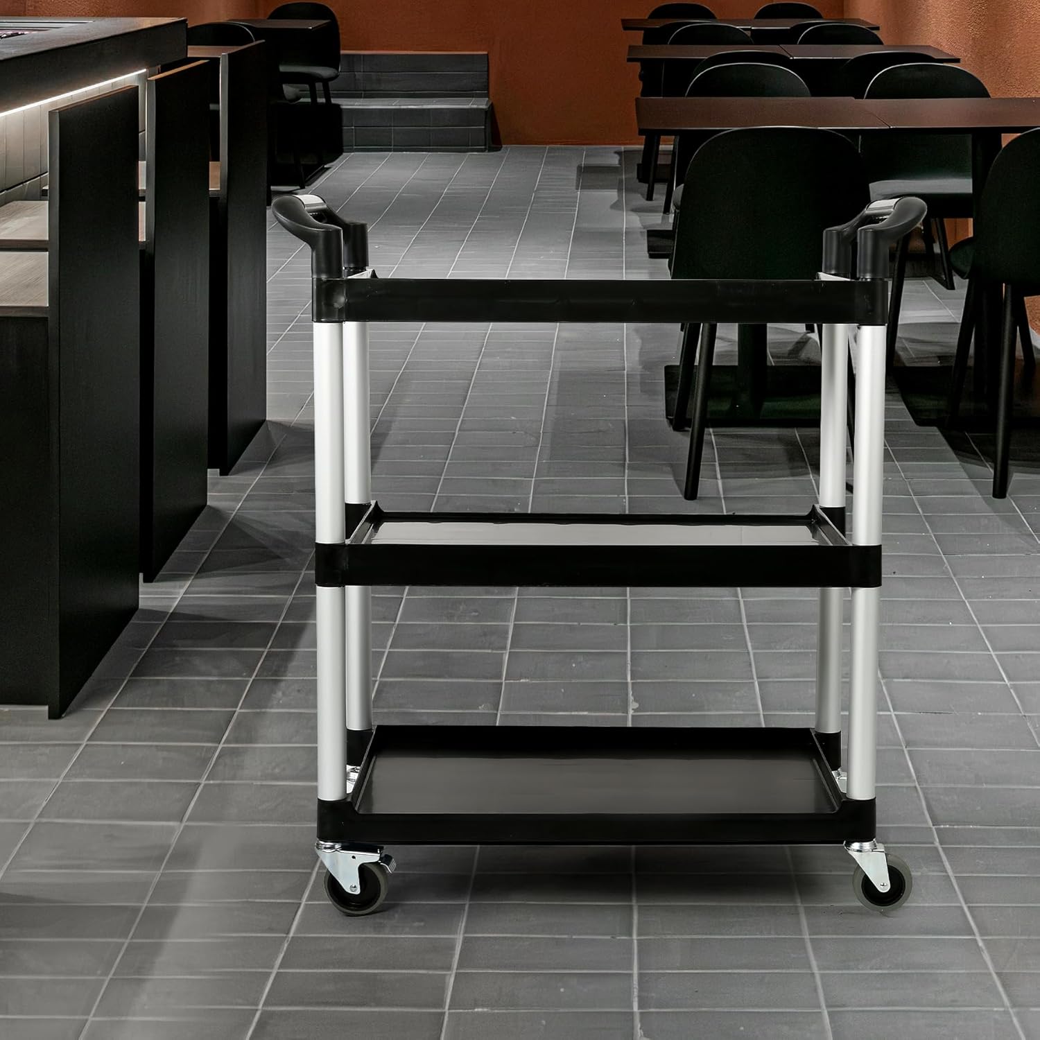 3-Tier Utility Rolling Cart with Wheels, Durable Catering carts with Wheels, Rolling Storage Cart for Hotel Canteen Resturant Office (Black, 34.4" D x 16.5" W x 37.7" H)