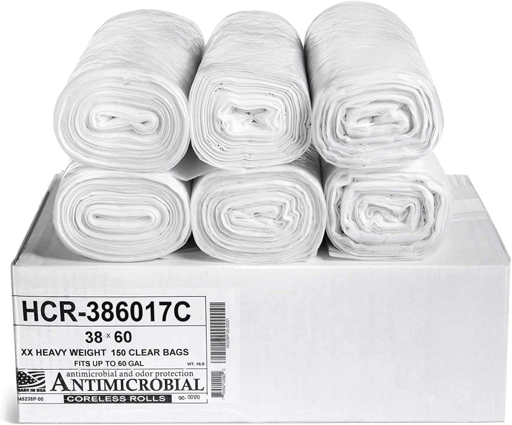 Aluf Plastics High Density Trash Bags, 60 Gallon, 150 Count, 17 Micron (eq), 38" x 60", Clear, for Bathroom, Office, Industrial, Commercial, Janitorial, Municipal, Recycling