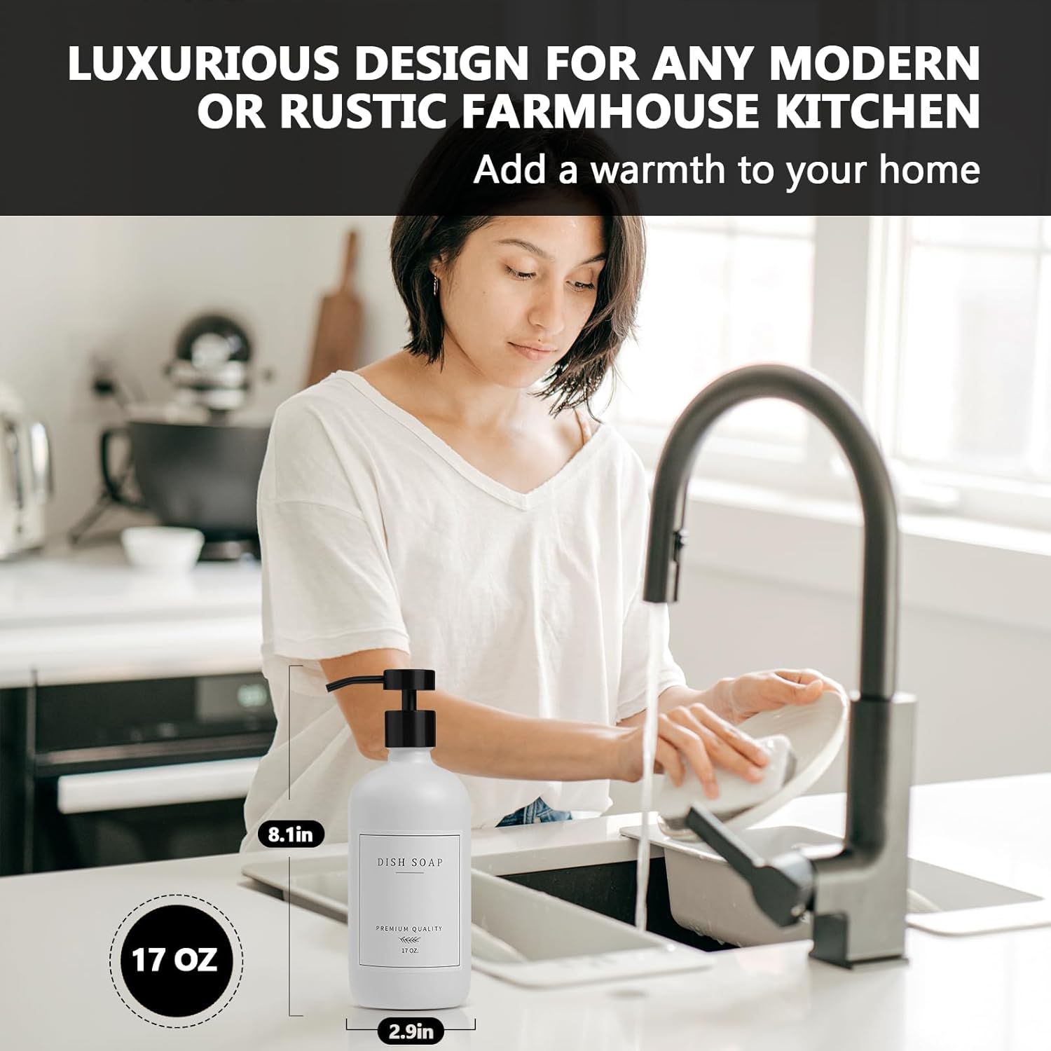 Kitchen Soap Dispenser - Hand and Dish Soap Dispenser Set, Bathroom Glass Soap and Lotion Dispenser with Pump, Tray, 14 Waterproof Labels, Set of 2 White Bottle/Black Pump-pd