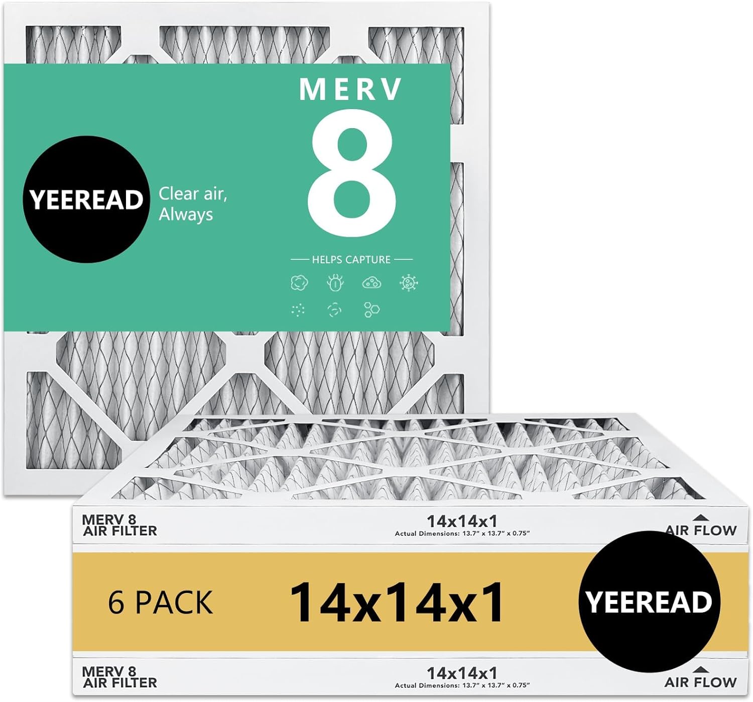14x14x1 MERV 8 Air Filters 6-Pack, Actual Size 13.7" x 13.7" x 0.75" – Compatible with HVAC, Air Conditioners & Furnaces– High Particle Capture & Smooth Airflow
