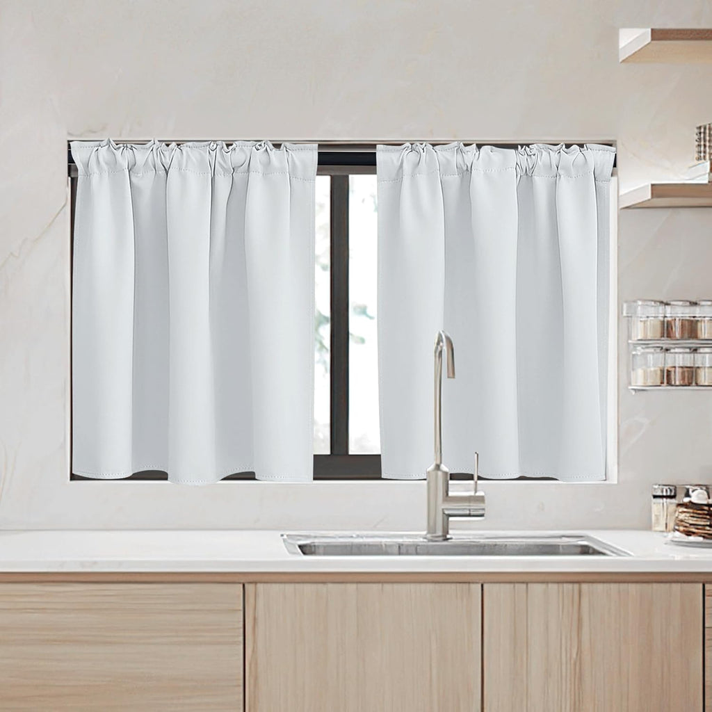 RYB HOME Kitchen Window Curtains - Blackout Privacy Half Window Curtains for Bedroom Bathroom Dining Living Room Cafe Office Short Tiers Drapes, W 34 x L 36 inches, 2 Panels, Grayish White