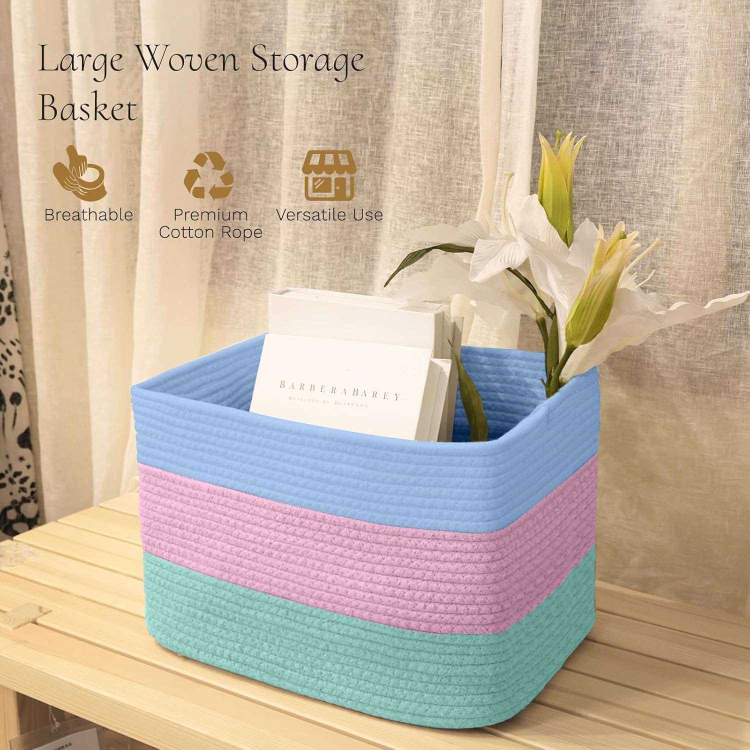 Hopegiver Woven Storage Baskets 15x11x10 Inch, 3 Pack Collapsible Cube Storage Bin for Shelves - Foldable Cotton Rope Organizer Bins for Towels, Toys, Books, Closet, Nursery (Blue Pink Green)