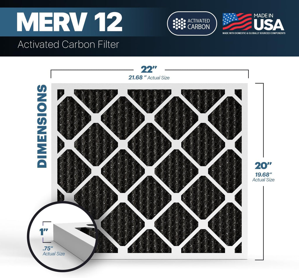 BNX TruFilter 20x22x1 MERV 12 Odor Defense (4-Pack) AC Furnace Air Filter with Activated Carbon - MADE IN USA - Pleated Air Conditioner HVAC AC Furnace Filters - Removes Odor, Mold, Bacteria, Smoke