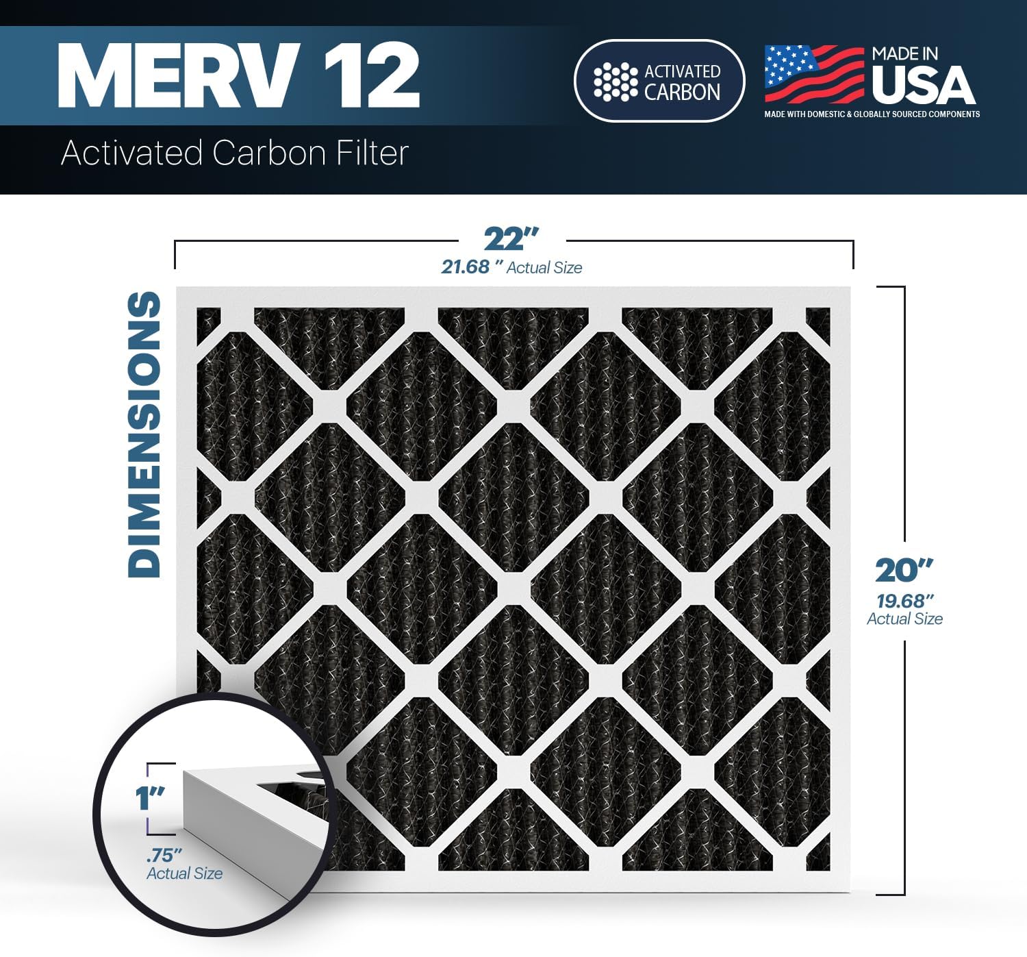 BNX TruFilter 20x22x1 MERV 12 Odor Defense (4-Pack) AC Furnace Air Filter with Activated Carbon - MADE IN USA - Pleated Air Conditioner HVAC AC Furnace Filters - Removes Odor, Mold, Bacteria, Smoke