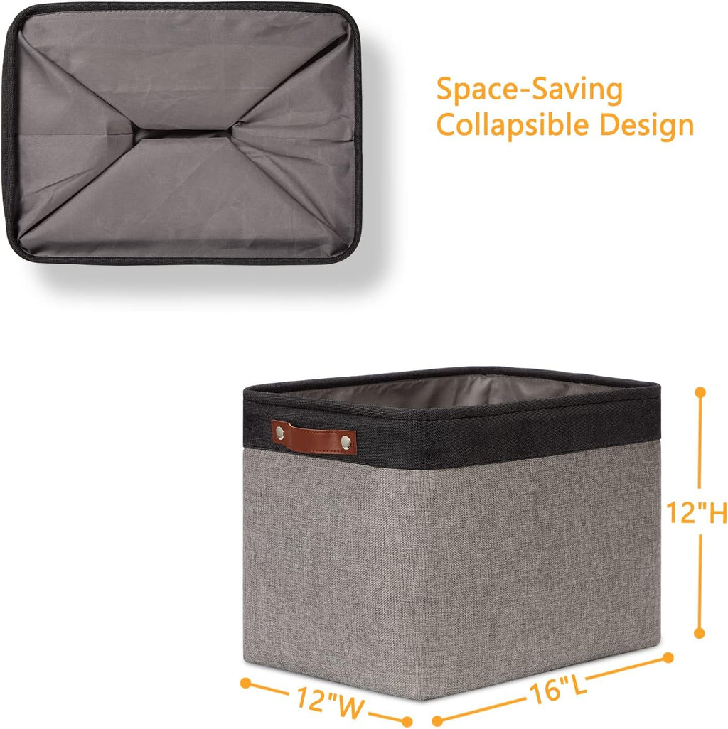 DULLEMELO Storage Bins 16"x12"x12" With Leather Handles for Organizing,Decorative Collapsible Storage Baskets for Shelves Closet Home Office (Black&Grey)