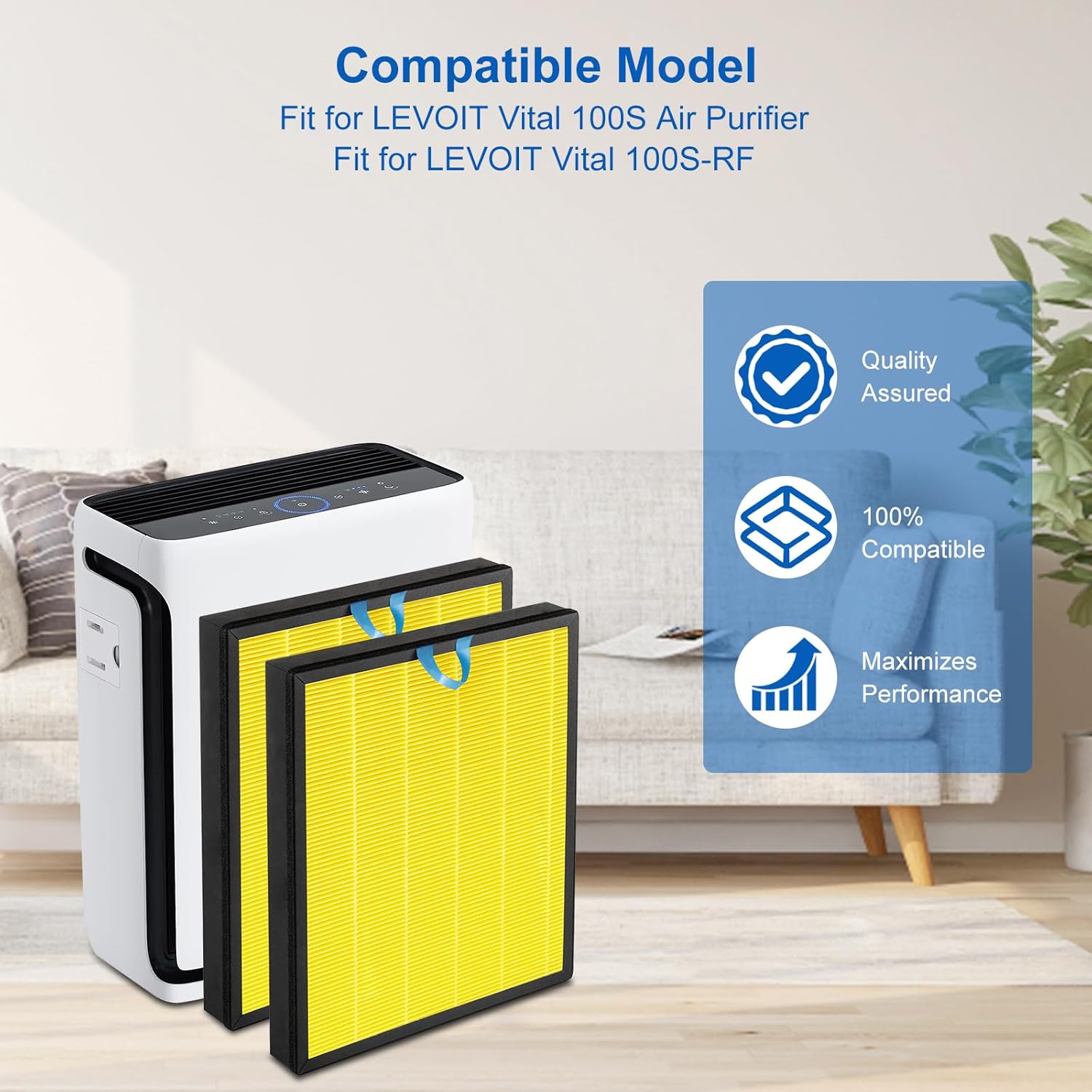 Vital 100S Pet Replacement Filter Compatible with Levoit Smart WiFi Vital 100S Air Puri-Fier, 3-in-1 Replacement Filter and High-Efficiency Activated Carbon Filter, Vital 100S-RF, 2 Pack.