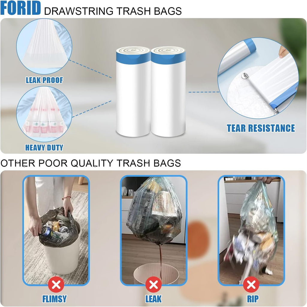 FORID Small Drawstring Trash Bags - 4 Gallon Plastic Garbage Bags White Unscented Can Liners 60 Count Strong Wastebasket Bags for Bathroom Office Home Kitchen Bedroom Travel 15 Liter - Durable & Thick