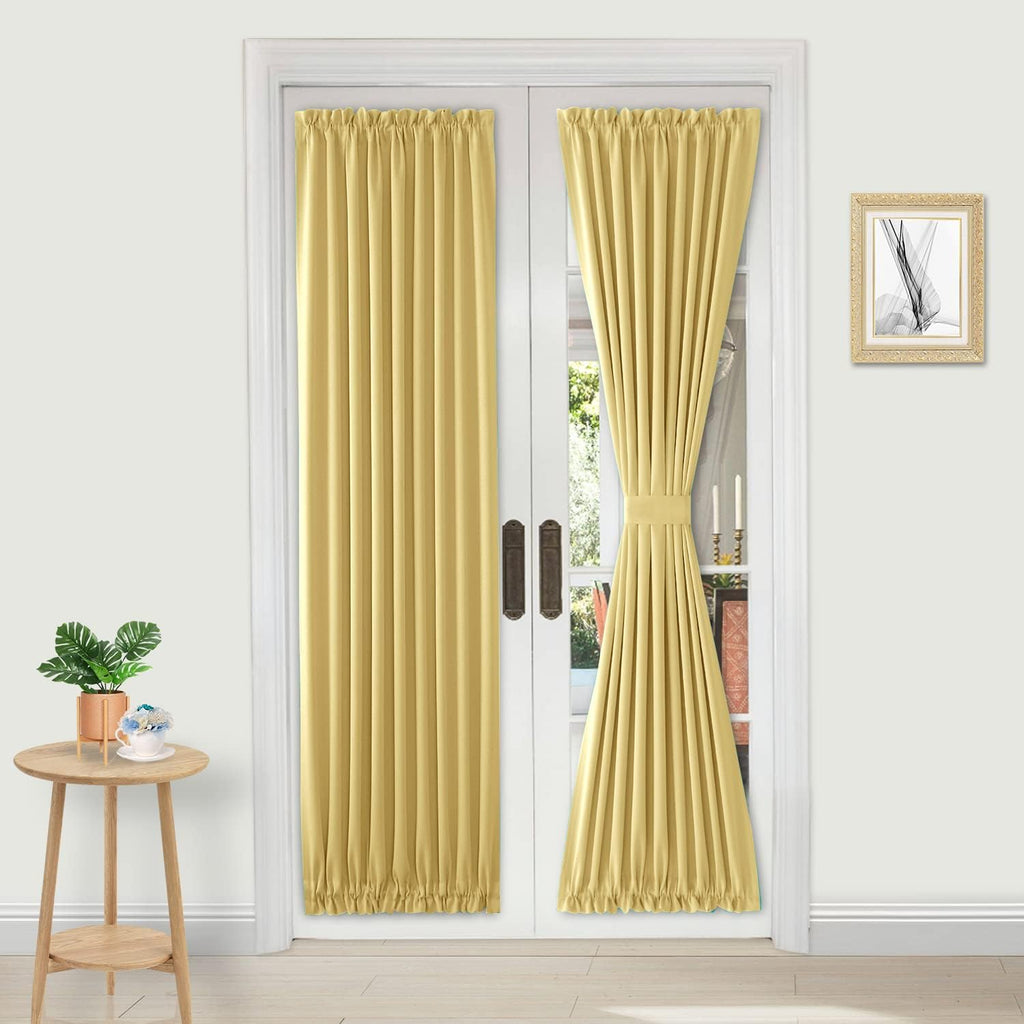 DWCN French Door Curtains – Rod Pocket Thermal Blackout Curtain for Doors with Glass Window, Kitchen and Patio Doors for Privacy, 25 X 72 Inches Long, 1 Curtain Panel with Tieback, Light Yellow